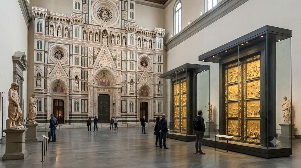 Interior of Florence’s Museo dell’Opera del Duomo with reconstructed facade and monumental sculptures