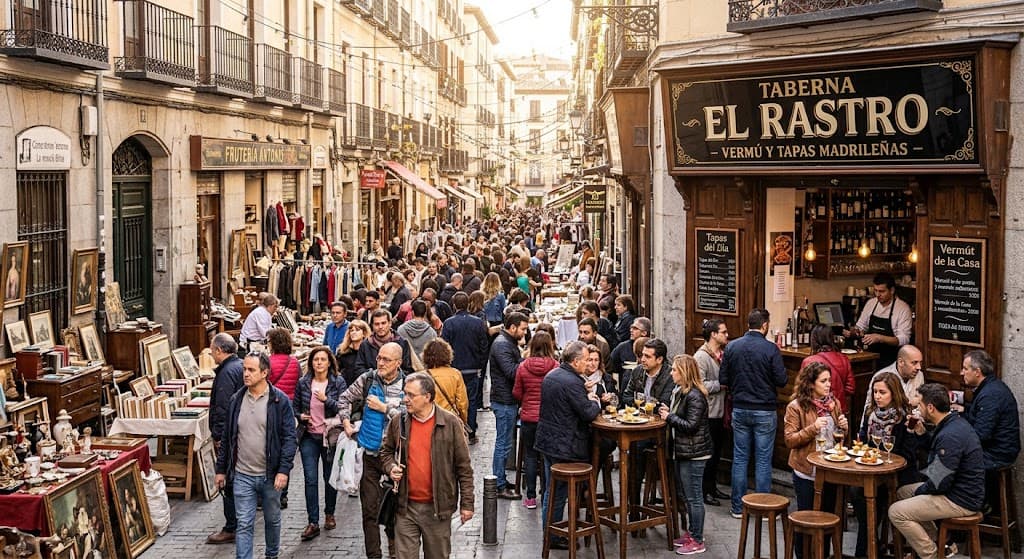 Crowds at El Rastro in Madrid on a Sunday morning near stalls and nearby bars