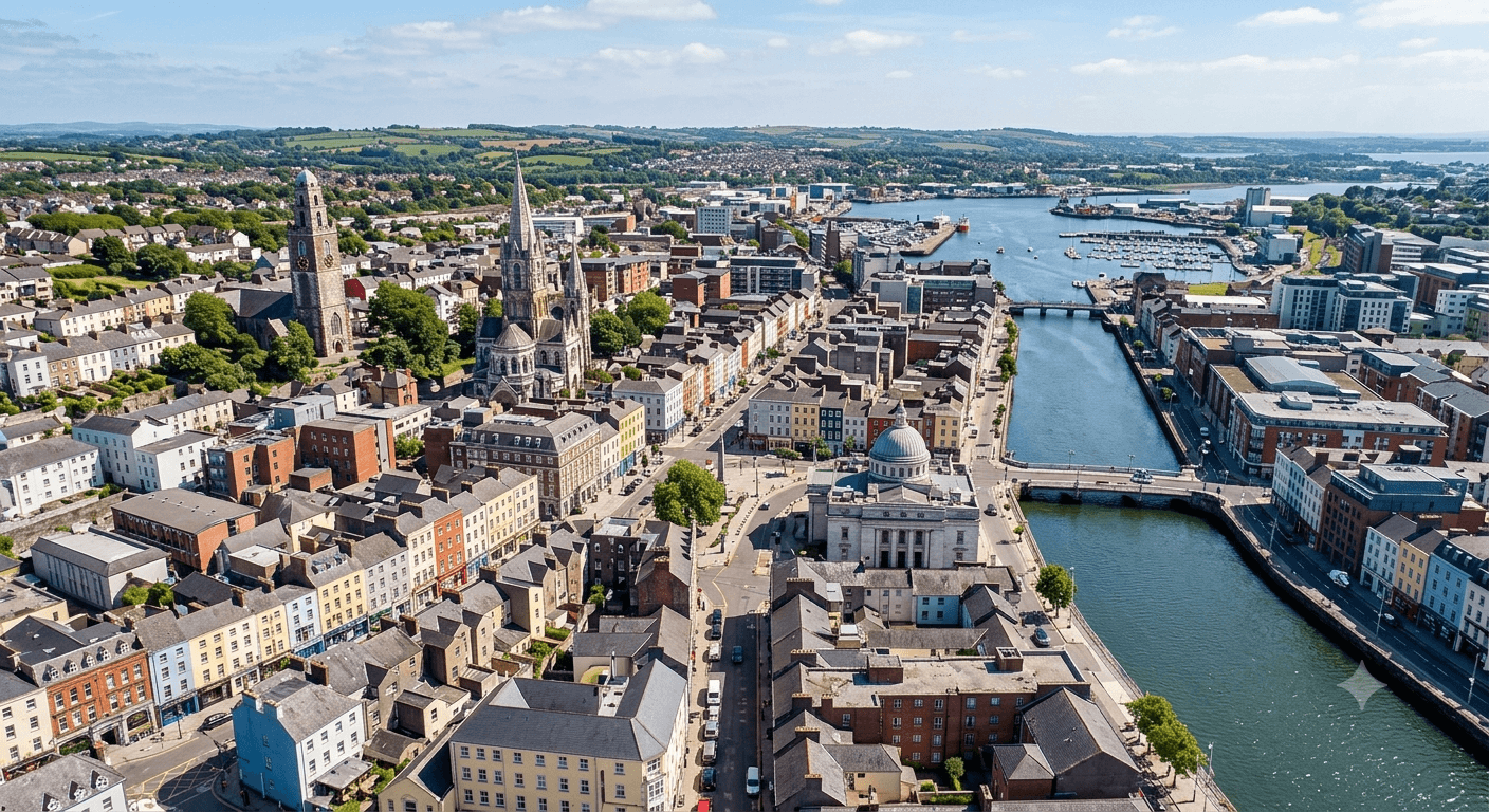 Aerial view of Cork city center showing historic architecture, church spires, and the River Lee under a bright blue sky.