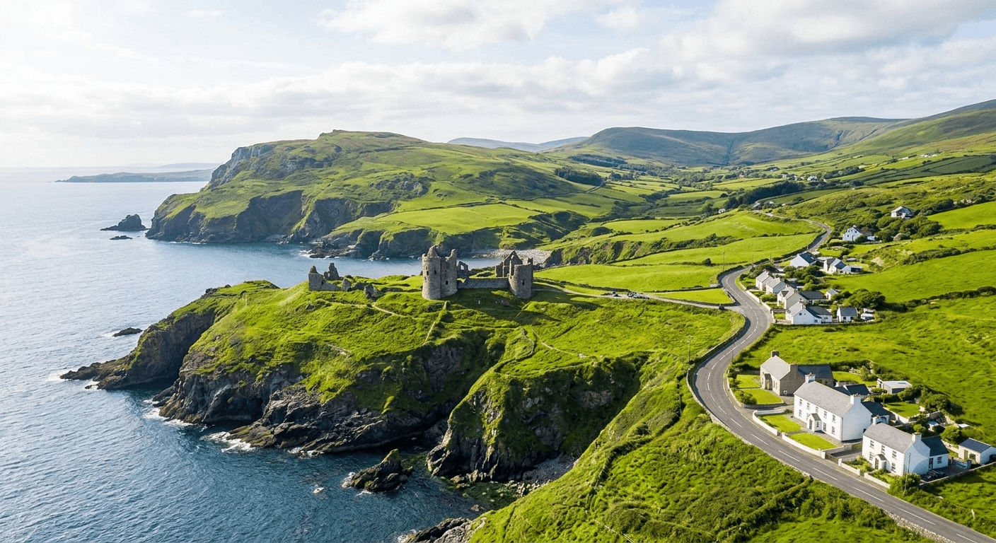 Aerial view of the lush green Irish coastline featuring historic castle ruins atop sea cliffs beside a winding coastal road.